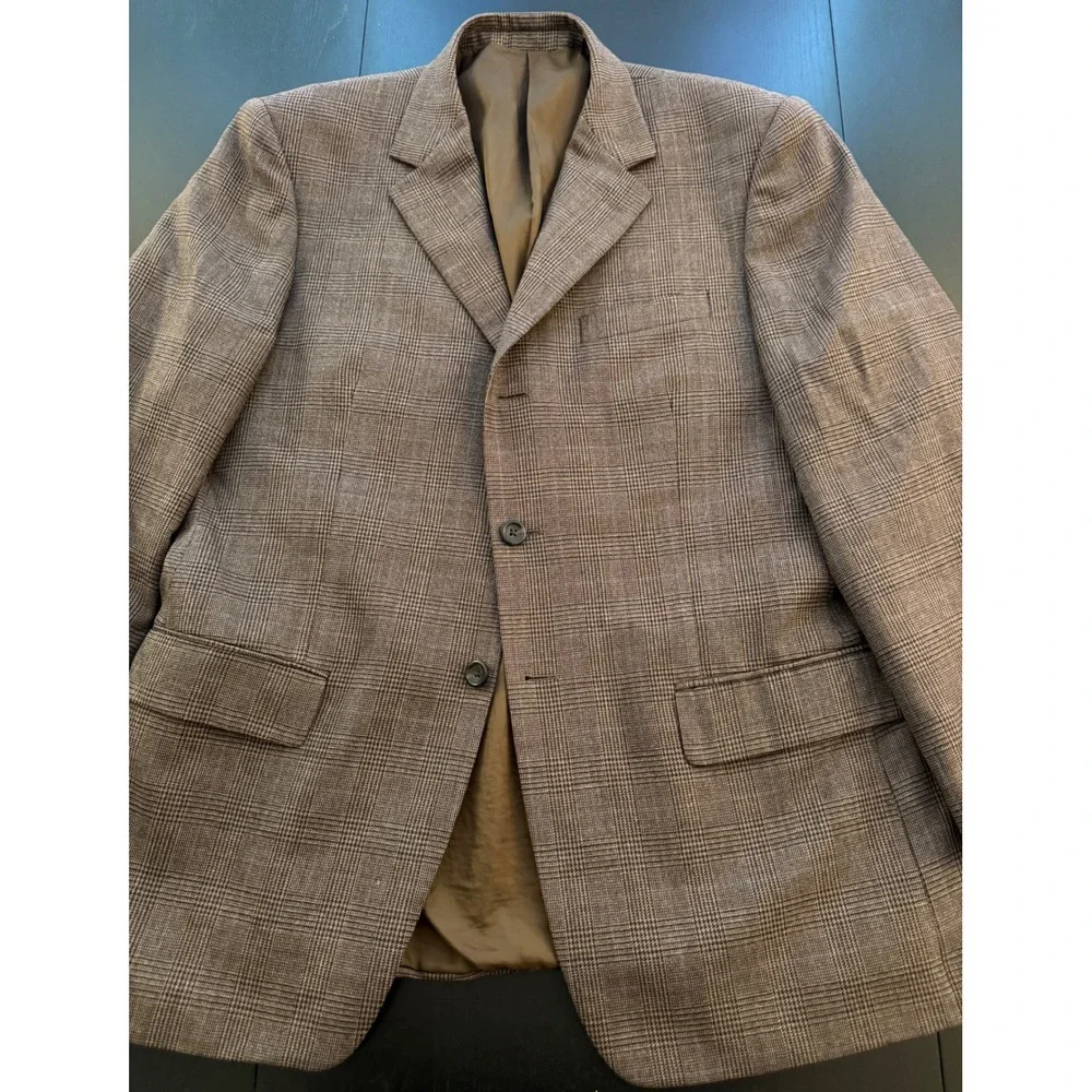 Linea Uomo Glen Check Sport Coat Mens 42R Brown Wool Three-Button‎ Blazer Jacket